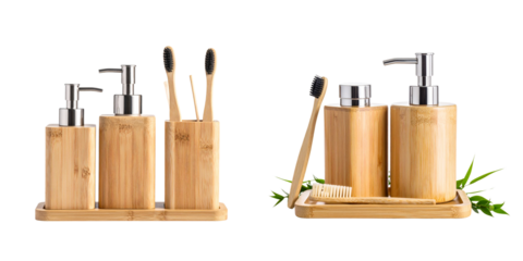  Bamboo Toothbrush and Soap Dispenser Set for Eco Bathroom Decor, isolated on transparent background PNG