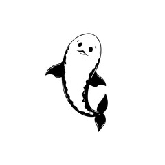 Stylized black and white illustration of a charming penguin character swimming upward with expressive eyes and a playful expression