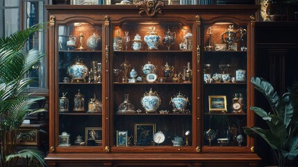 Antique showcase, opulent room, collectibles, plants, interior design