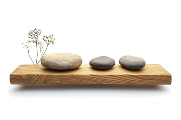 Zen stones arrangement on wooden board with white flowers for meditation and wellness