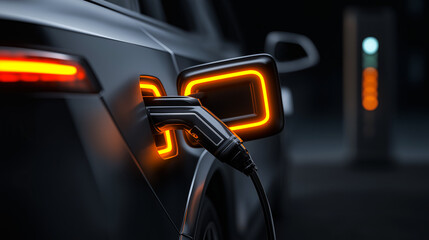 Electric vehicle charging at a modern station under vivid orange lighting, emphasizing clean energy, innovation, and sustainable transportation. Ideal for eco-tech and automotive ads.