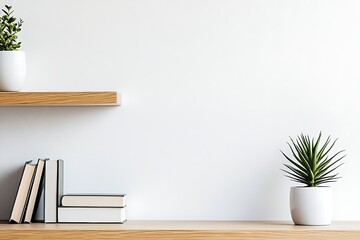 Minimalist home decor: Books and plants on wooden shelves against white wall background