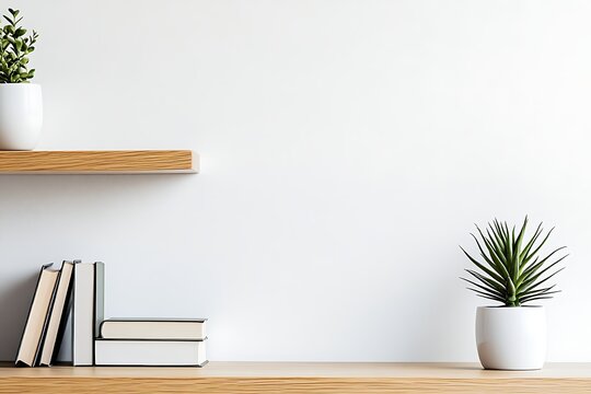 Minimalist home decor: Books and plants on wooden shelves against white wall background