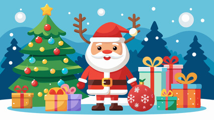 Santa claus with christmas tree and gifts in a holiday scene