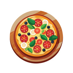 Isolated pizza with tomato and basil  vector icon.