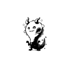 Whimsical cute monster cartoon illustration with horns, tail, and playful expression showcasing adorable fantasy character