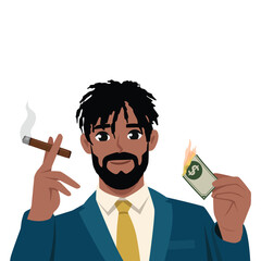 Man in a suit confidently holding a cigar and burning a dollar bill, carefree lifestyle. Flat Vector character illustration