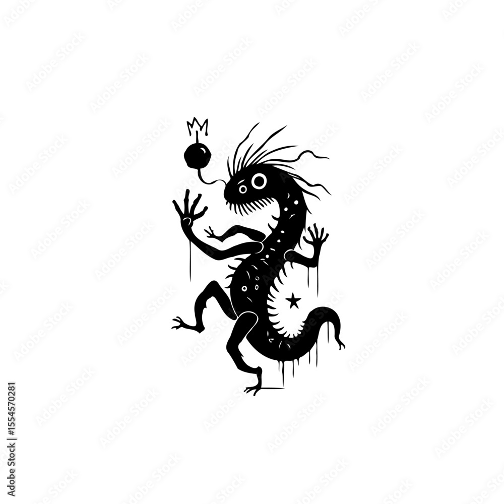 Poster whimsical creature with playful expression and intricate design evokes fantasy and imagination with 