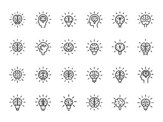 Set of Glowing Brain and Light Bulb Icons Representing Intelligence, Creative Thinking, Ideas, and Innovation in Minimal Line Style on White Background