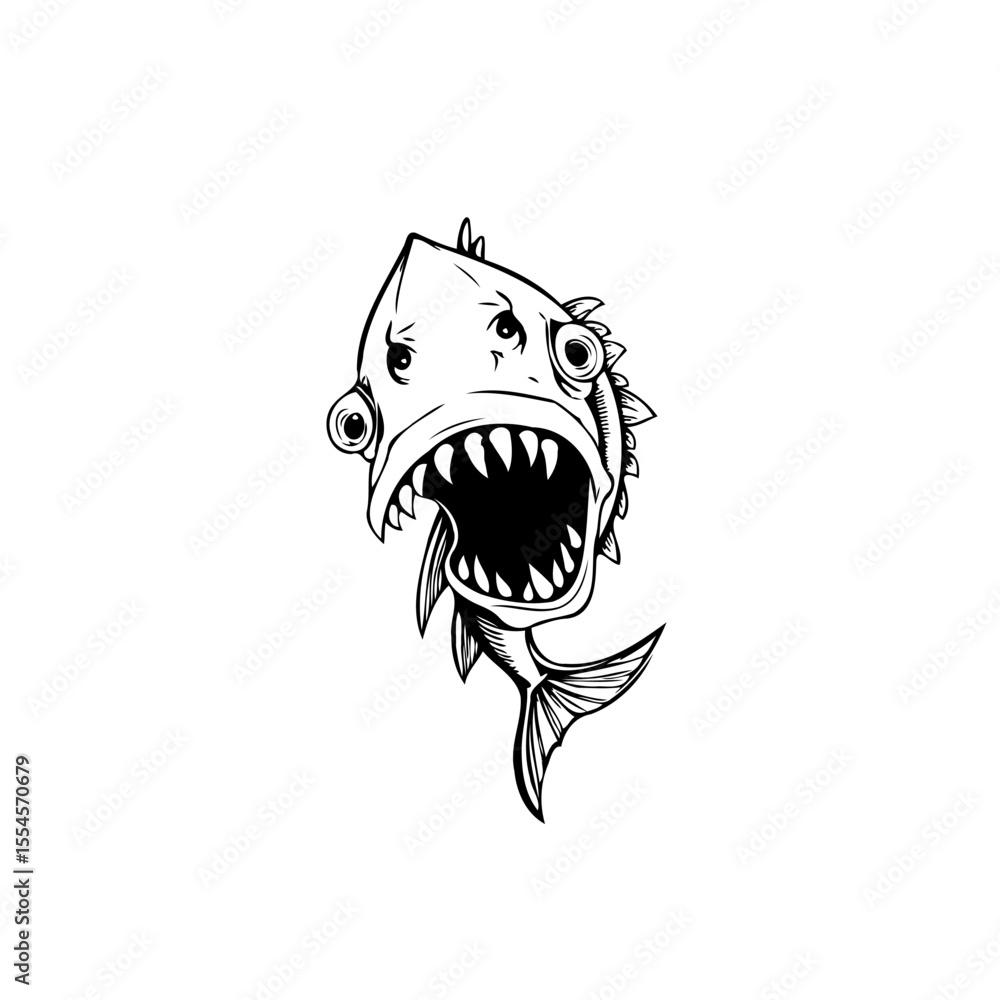 Poster a comical, expressive cartoon drawing portraying an exaggerated fish with a wide open mouth and visi