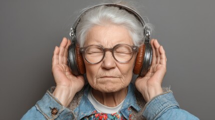 Elderly woman enjoying music on headphones with closed eyes and thoughtful expression