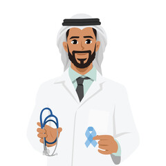 Doctor holding a stethoscope and a blue awareness ribbon. Flat Vector character illustration