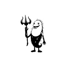 Whimsical cartoon character illustration with trident, black and white minimalist design and unique cartoonish aquatic creature holding a trident