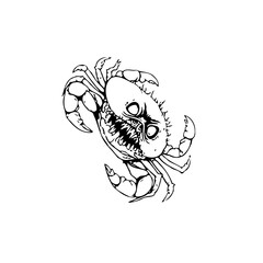 Creepy crab monster illustration with sharp teeth and staring eyes in black and white surreal art
