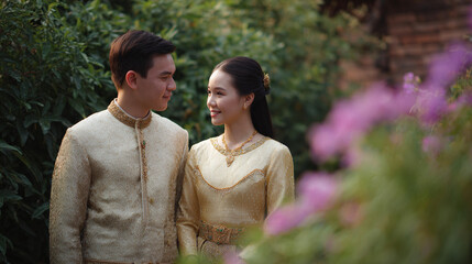 A Celebratory Traditional Couple Portrait Amidst Vibrant Nature, Capturing Love and Joy in a Picturesque Outdoor Setting Full of Greenery and Beautiful Blooms