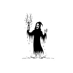 A haunting illustration of the grim reaper holding a mystical burning candle casting eerie shadows and dark dripping
