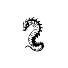 Stylized drawing of a mythical serpent or dragon in black and white offering visual storytelling potential
