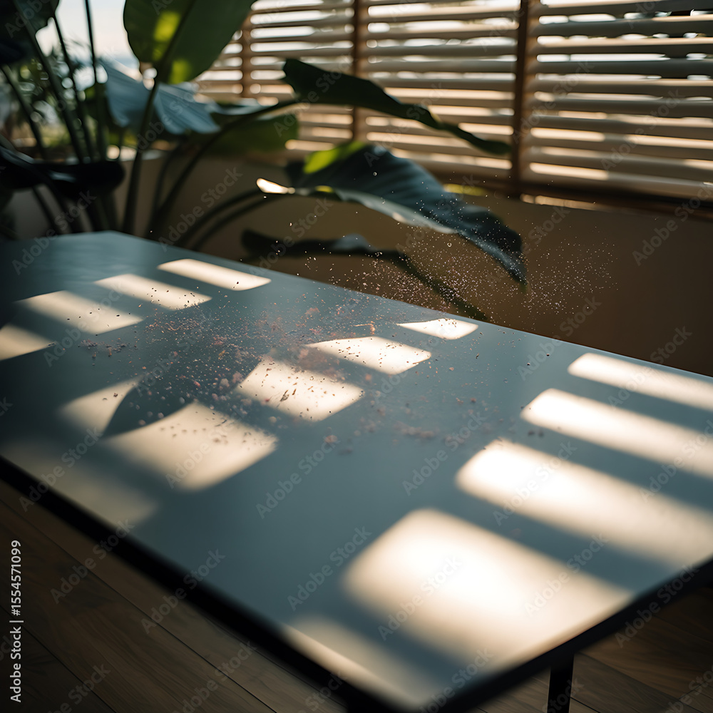 Poster sunlight and shadows create patterns on a table indoors with a plant