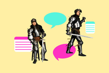 Composite trendy magazine photo collage of happy men feudal lord wear protection steel armor hold...