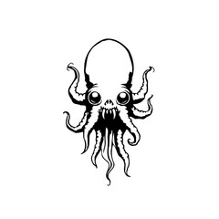 A minimalist black and white illustration of a cartoon octopus with big eyes adds charm