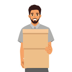 Worker holding two stacked cardboard boxes, symbolizing reliability and efficient service. Flat Vector character illustration