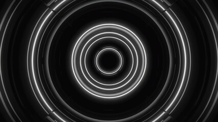 Abstract dark tunnel with glowing white concentric circles and futuristic design