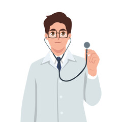Doctor wearing a white coat and holding a stethoscope, professionalism and care in healthcare. Flat Vector character illustration
