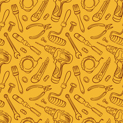 Seamless pattern with construction tools in line art style on yellow background. Design for building store with drill, Paint Roller, Tape Measure, Wire Cutter, Utility Knife, Wrench.