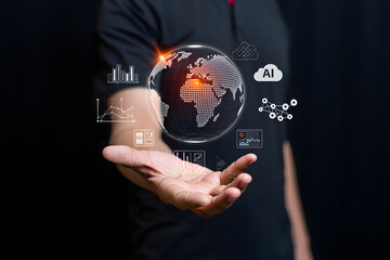 Businessman holding a holographic globe with digital data and ai icons floating around it