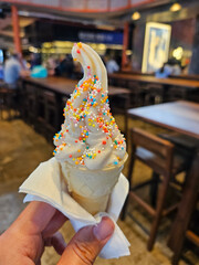 Person holding a cone of ice cream with sprinkles on top. The cone is in a paper wrapper