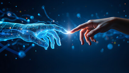 Human finger touching a glowing blue robotic hand with intricate circuitry in a futuristic digital network