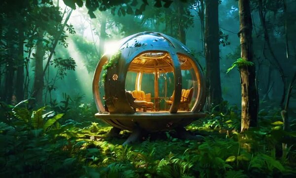 A small spherical cabin with a window in the center, situated in a dense forest. The cabin has a wooden chair inside, and the surrounding area is filled with tall green trees and a bright light filter