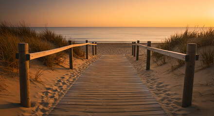 Obraz premium Wooden boardwalk or walkway to sea on beach. Summer evening outdoor pier. Path, way to water