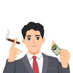 Man in a suit confidently holding a cigar and burning a dollar bill, carefree lifestyle. Flat Vector character illustration