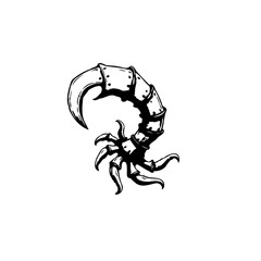 Mysterious metal creature with curved tail and sharp claws in black and white drawing isolated