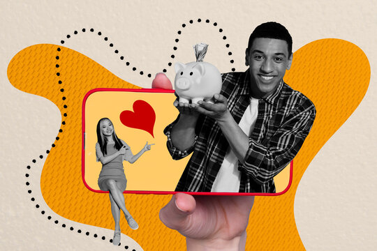 Template sketch trend artwork 3D photo collage of hand hold smartphone young lady sit finger show man showing piggy charity collect money - Powered by Adobe