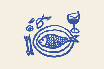 Fish dinner with wine hand drawn naive style vector illustration