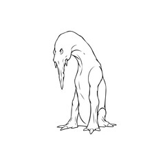 Obraz premium Creepy monochrome illustration of a bizarre creature with beak-like snout and elongated head posing alone against white canvas