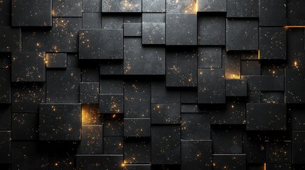 Dark, textured, square blocks with glowing particles