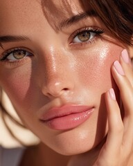 Radiant beauty shines in a close-up portrait of a young woman with flawless skin and a gentle touch, highlighting healthy aesthetics.