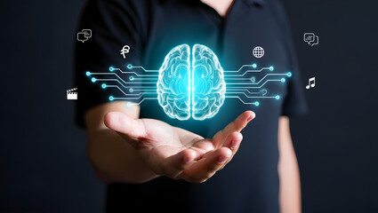 Person holding a glowing digital brain with connected icons representing communication and media