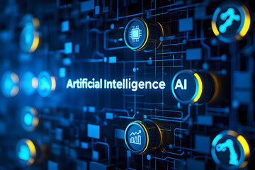 Abstract digital network with glowing icons representing artificial intelligence and technology concepts
