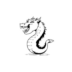 A fearsome black and white dragon depiction a mythical beast with sharp teeth and scales