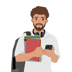 Student with a backpack, headphones, and books in hand checks his phone heading to school. Flat Vector character illustration