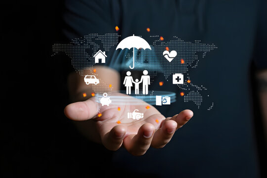 Person holding a digital display of various insurance icons and a world map overlay