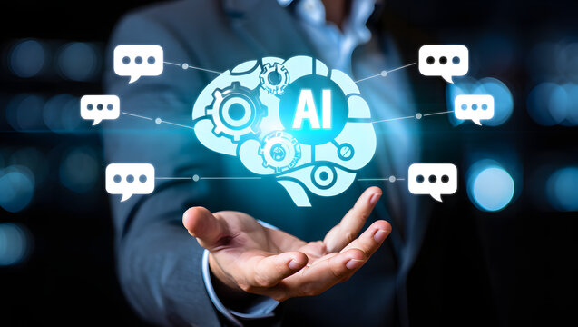 Businessman holding a glowing ai brain symbol connected to communication chat bubbles