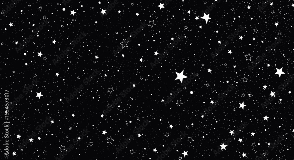 Poster repeating pattern of scattered white stars and tiny dots on a deep black background representing a c
