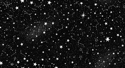Seamless Hand Drawn Constellation Pattern on Deep Black Night Sky Background Featuring Bright White Stars and Speckled Galaxy Texture Design Element for Space Themes