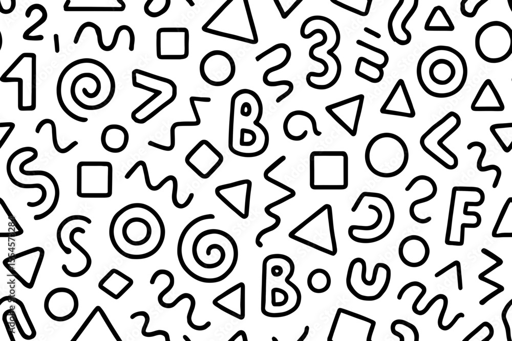 Poster abstract black white doodle pattern seamless background design with geometric shapes numbers letters