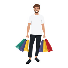 Young man in casual clothing holds multiple colorful shopping bags. Flat Vector character illustration